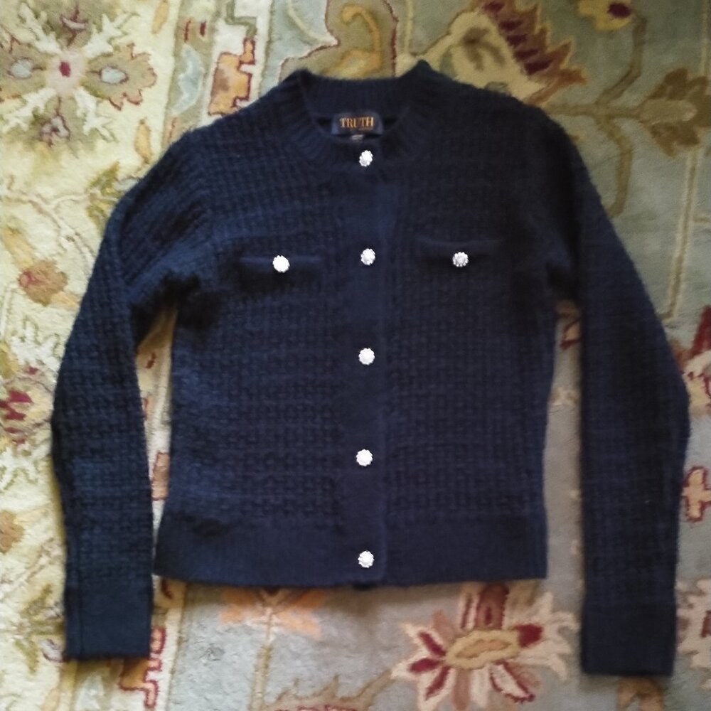 Cardigan Black Textured-Knit Cotton Blend with Bling Buttons, new XS - Picture 4 of 9
